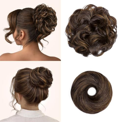 2PCS Messy Bun Hair Pieces Synthetic Hairpieces For Women | Messy Bun and Donut Bun in one set for natural-looking volume and elegant updos for every occasion. - color: Dark Brown Mixed Light Brown