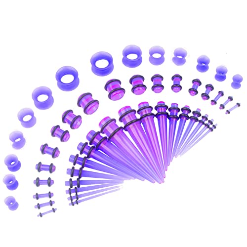 50 Pcs Ear Gauges Stretching Kit 14G-00G | Acrylic Tapers and Plugs Silicone Tunnels, Gauge Expanders Stretching Kit, Piercing Earring Jewelry for Men and Women - color: Purple