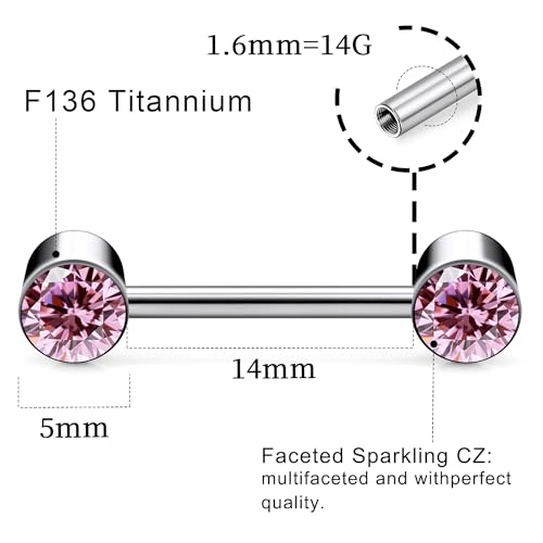 14G ASTM F136 Titanium Nipple Piercing Jewelry Round CZ Nipple Barbell Jewelry Internally Threaded G23 Solid Titanium Nipple Piercing Barbell Ring Jewelry for Women Men 14 Gauge - style: Pink CZ
