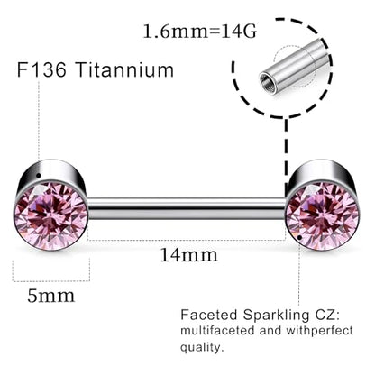 14G ASTM F136 Titanium Nipple Piercing Jewelry Round CZ Nipple Barbell Jewelry Internally Threaded G23 Solid Titanium Nipple Piercing Barbell Ring Jewelry for Women Men 14 Gauge - style: Pink CZ