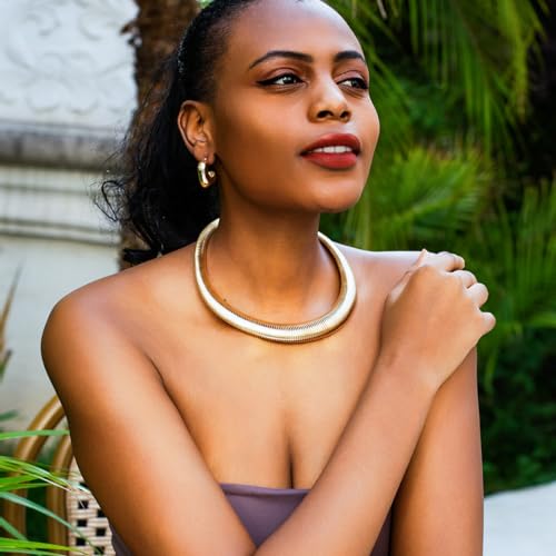 Chunky Gold Choker Necklace for Women, 14K Gold Plated Snake Chain Statement Necklace Triple Twsited Layered Choker Necklaces Jewelry Gifts - style: 1 LAYER/14K GOLD COLLAR