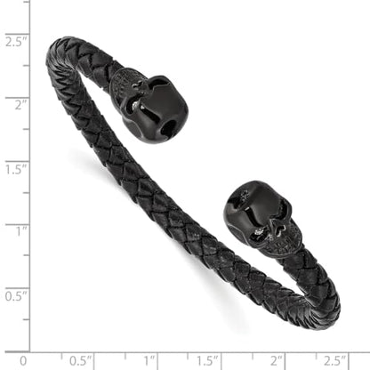 Chisel Skull Braided Leather Cuff Bangle in Stainless Steel
