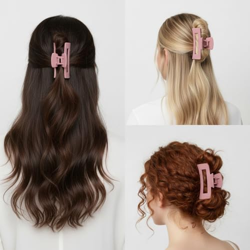 Claw Clips and Scrunchies Set 4pcs – 2 Medium Hair Clips, 2 Satin Scrunchies, Non-Slip Matte Square Hair Claws, Hair Accessories for Back to School, Birthday Gift, Daily Use, Dusty Pink - color: Dusty Pink