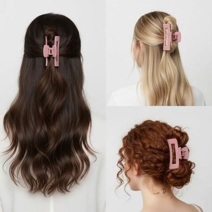 Claw Clips and Scrunchies Set 4pcs – 2 Medium Hair Clips, 2 Satin Scrunchies, Non-Slip Matte Square Hair Claws, Hair Accessories for Back to School, Birthday Gift, Daily Use, Dusty Pink - color: Dusty Pink