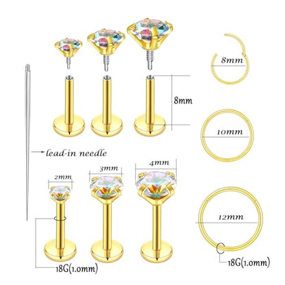 16G 18G Surgical Steel Internal Thread Stud Piercing Jewelry Set Nose Medusa Lip Labret Stud Hypoallergenic Clicker Hoop Septum Rings Cartilage Tragus Helix Conch Earrings for Women Men - color: 18G-8mm-gold