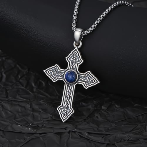 Cross Necklace for Men Women 925 Sterling Silver Cross Pendant Necklace Christian Religious Jewelry Gifts for Anniversary - color: 9-Celtic cross Lapis Lazuli