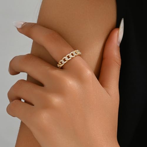 Adjustable Rings for Women 18K Gold Plated daisy Flower Butterfly Ball Cubic Zirconia Rings Dainty Open Stacking Ring - color: Link Chain-Gold