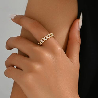 Adjustable Rings for Women 18K Gold Plated daisy Flower Butterfly Ball Cubic Zirconia Rings Dainty Open Stacking Ring - color: Link Chain-Gold