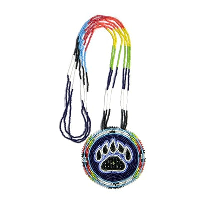 Handmade Native American Style Tribal ethnic Seed Bead Beaded Layered Medallion Necklace - color: Blue Bearpaw