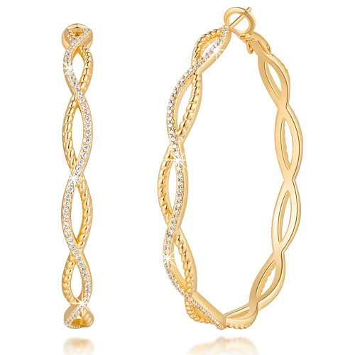 Gold Hoop Earrings for Women 14K Gold Earrings for Women | Twist CZ Gold Hoop Earrings 14K Gold Hoop Earrings Hypoallergenic Lightweight Gold Hoop Earrings for Women 20/25/30/40/50mm - size: 50MM