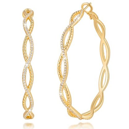 Gold Hoop Earrings for Women 14K Gold Earrings for Women | Twist CZ Gold Hoop Earrings 14K Gold Hoop Earrings Hypoallergenic Lightweight Gold Hoop Earrings for Women 20/25/30/40/50mm - size: 50MM