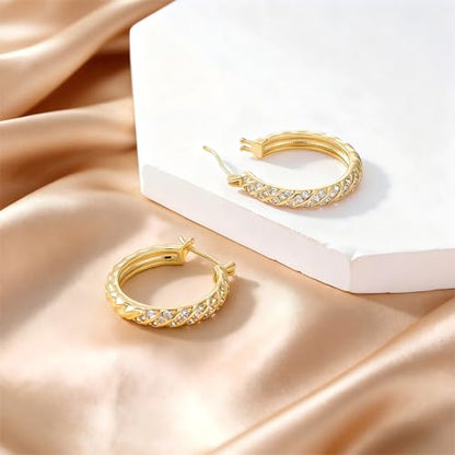 14K Gold Hoop Earrings for Women 14K Gold Earrings Jewelry Spiral Cubic Zirconia Thick Hoops Hypoallergenic Womens Huggie Earring 20/25/30/35MM - size: 30MM