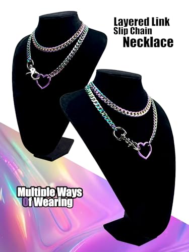 paloli Women's Slip Chain Rainbow Heart O-Ring Chunky Chain Necklace, Rays Cuban Long Layered Jewelry, Adjustable Lariat Y-Necklace Heart Loop Choker - color: H-Heart-Rainbow-Purple
