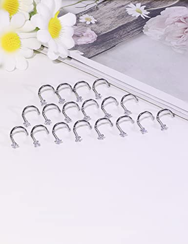 18G 20G 22G Nose Rings Studs with Cubic Zirconia 316L Surgical Steel Straight Screw L Shaped Nose Studs Piercing Jewelry for Women Men Girl CZ 1.5mm 2mm 2.5mm 3mm 20Pcs - color: B:18G Screw- Silver 2mm