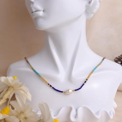 Boho Pearl Beaded Choker Necklaces for Women, Dainty Handmade Colorful Seed Beads Adjustable Long Necklace Summer Beach Surfer Bohemian Jewelry Gift