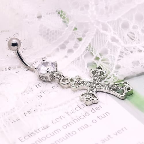 VERAMI 14G 316L Celtic Cross Belly Button Ring Surgical Steel Paved Gems Dangling Belly Button Ring Body Piercing Jewelry - color: Silver:C-6