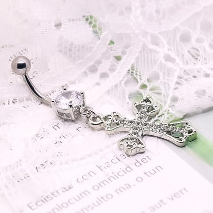 VERAMI 14G 316L Celtic Cross Belly Button Ring Surgical Steel Paved Gems Dangling Belly Button Ring Body Piercing Jewelry - color: Silver:C-6