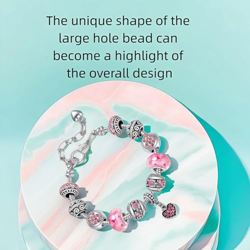 Pink Hearts Silver Plated Charm Bracelet, DIY Jewelry for Women with Beads, Charms, and Adjustable Snake Chain, Fits 7.5"+1.5" - color: Pink, size: 18cm