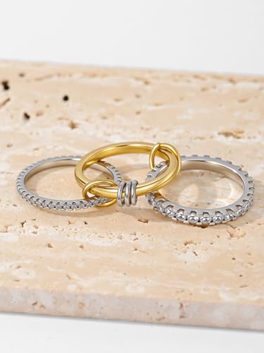 HERSIN Stackable Interlocked Rings for Women Non Tarnish, 18K Gold Plated Green Cubiz Zirconia Ring Chunky Rings Mixed Metal Multi Ring Dainty Stacking Rings Set Jewelry for Women Gifts