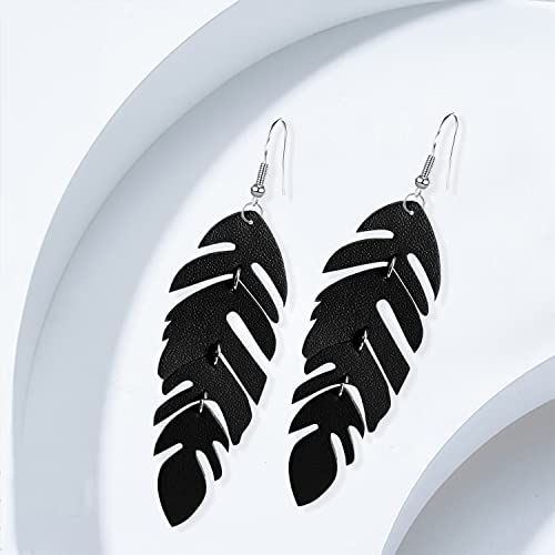 Handmade Unique Lightweight Bohemian Genuine Leather Leaf Dangle Drop Earrings Dainty Sparkly Chain Feather Hook Earring for Women Statement - color: Black