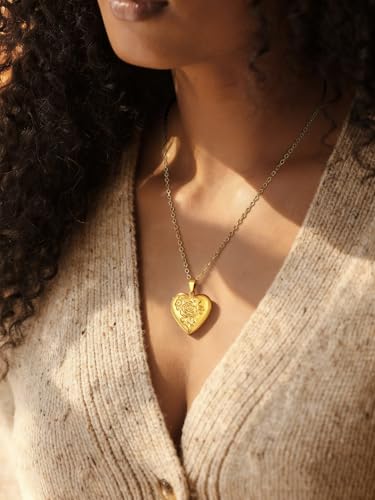 FindChic Locket Necklace for Women Custom Photo Memorial Gifts 4 Colors | Silver/Black/Rose Gold/Gold Plated Personalized for Loved Ones, Birthday Valentine's Day Keepsake - style: 12. Rose Relief (DIY)-Gold