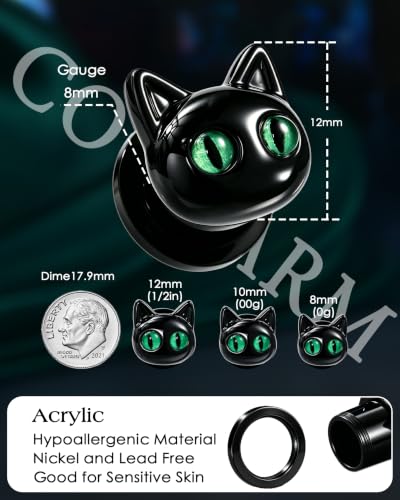 One Piece Halloween Cat Ear Gauges Plug,0G-1/2In Saddle Plug for Ears, 316L Surgical Steel Ear Stretching Piercing Jewelry - size: BK-0 Gauge(8mm)