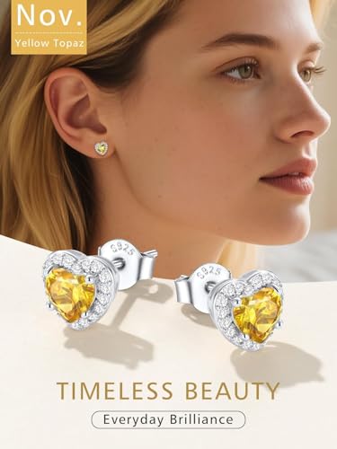 FindChic Birthstone Earrings for Women, Round/Heart/Square/Teardrop Earrings with 925 Sterling Silver Posts & Push Backs, Hypoallergenic Studs with Cubic Zirconia, 12 Months Jewelry with Gift Box - style: 11. November-Yellow Topaz (Heart-Silver)