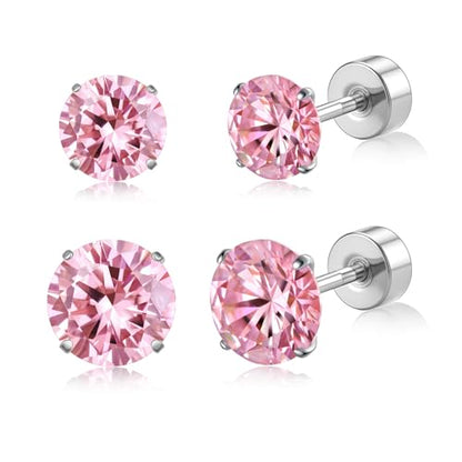 20G G23 Implant Grade Titanium Flat Back Stud Earrings for Women Men, Gold/White Gold Plated Tragus Labret Cartilage Helix F136 Piercing Jewelry for Sensitive Ears, with 4-6mm Cubic Zirconia - color: 2Pairs-20G-Silver-Pink-Stud Earring Sets