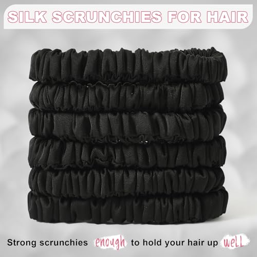 6Pcs Silk Hair Ties 100% Pure Mulberry Silk Scrunchies for Women Girls | No Hair Crease, Anti Frizz, Gentle Hold, No Damage, Black*6 - color: Black