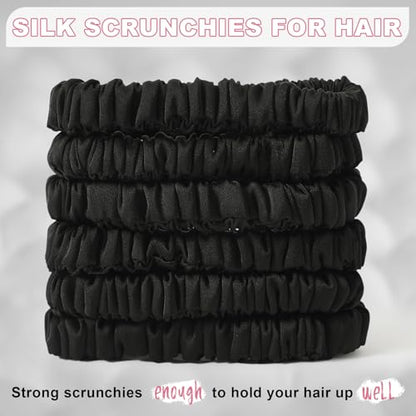 6Pcs Silk Hair Ties 100% Pure Mulberry Silk Scrunchies for Women Girls | No Hair Crease, Anti Frizz, Gentle Hold, No Damage, Black*6 - color: Black