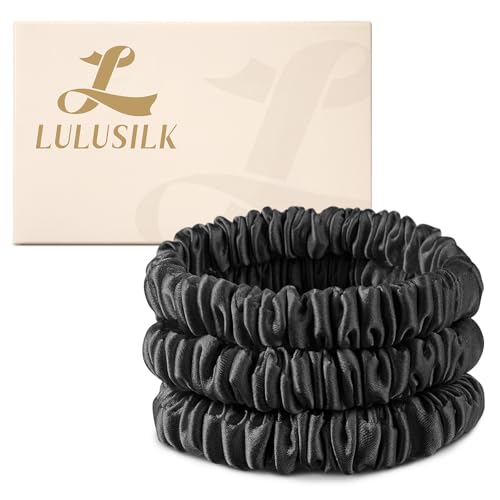 LULUSILK Small Silk Hair Ties No Damage, 100% Real Mulberry Silk, Skinny Scrunchies Ponytail Holders for Thin Fine Hair, Black, Pack of 3 - color: Black