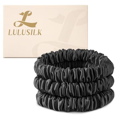 LULUSILK Small Silk Hair Ties No Damage, 100% Real Mulberry Silk, Skinny Scrunchies Ponytail Holders for Thin Fine Hair, Black, Pack of 3 - color: Black