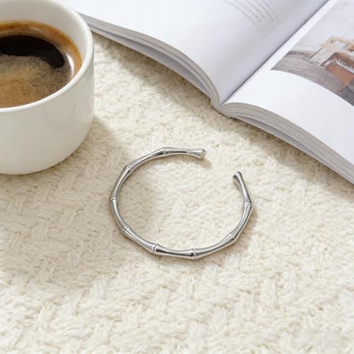 Adjustable Silver Bamboo Bracelet for Women – Stainless Steel Open-Cuff Bangle, Organic Design, Perfect Everyday Jewelry Gift