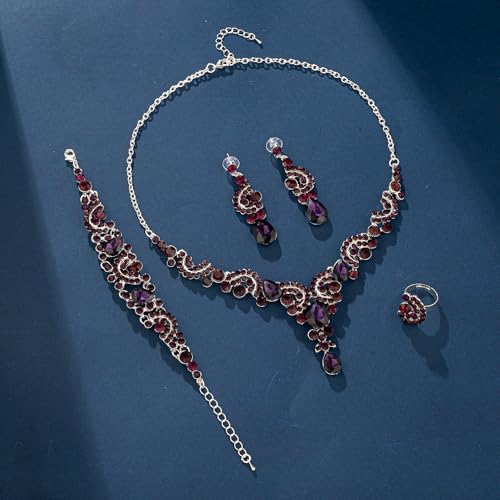 Paxuan Crystal Bridal Wedding Jewelry Sets for Women Rhinestone Teardrop Crystal Statement Choker Necklace Drop Earrings Link Bracelets Rings Teardrop Jewelry Set for Brides Bridesmaids - color: Necklace+Earrings+Bracelet+Ring（Dark Purple）
