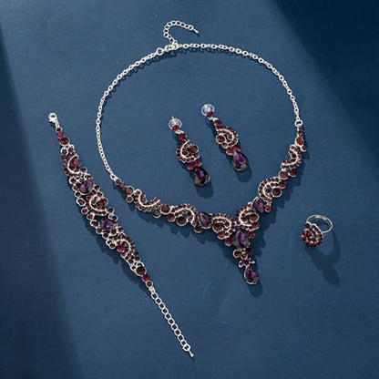 Paxuan Crystal Bridal Wedding Jewelry Sets for Women Rhinestone Teardrop Crystal Statement Choker Necklace Drop Earrings Link Bracelets Rings Teardrop Jewelry Set for Brides Bridesmaids - color: Necklace+Earrings+Bracelet+Ring（Dark Purple）