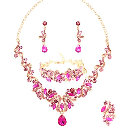 Jewelry Set for Women, Statement Necklace Dangle Earrings Bracelet Ring, White/KC Gold Plated Jewelry Set with Rhinestone Pearl Crystal Wedding Party Jewelry for Bridal Bridesmaid - color: Set001-Style2-Rose Red-Gold Plated