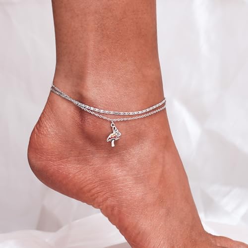 CHIC & ARTSY 925 Sterling Silver Ankle Bracelets for Women, Adjustable Layered Foot Chains with Nature & Symbol Charms, Lightweight Comfort Fit Boho Beach Everyday Jewelry - color: # Mushrooms Butterfly Anklet
