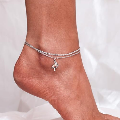 CHIC & ARTSY 925 Sterling Silver Ankle Bracelets for Women, Adjustable Layered Foot Chains with Nature & Symbol Charms, Lightweight Comfort Fit Boho Beach Everyday Jewelry - color: # Mushrooms Butterfly Anklet