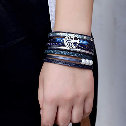 Fesciory Leather Wrap Bracelets for Women, Boho Western Layered Jewelry | Layered leather cuff bracelets, Easy on and off, Boho western style, Daily wear, Gift for women - color: Blue 3