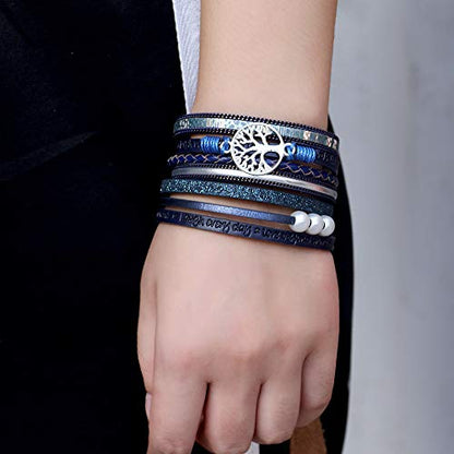 Fesciory Leather Wrap Bracelet for Women, Boho Western Layered Cuff Jewelry | Stackable Bracelets, Easy-On Clasp, Daily Wear, Pairs with Boho Western Outfits, Gift for Women - color: Blue4