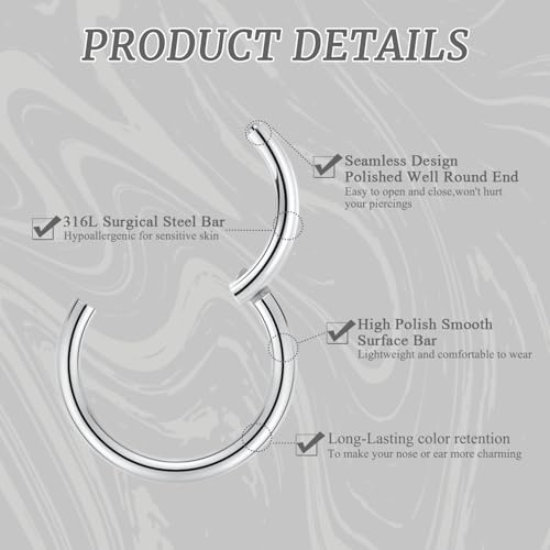 GAGABODY 2 Pcs Nose Rings 22G 20G 18G 16G 14G 12G 10G 8G Surgical Steel Piercing Rings for Nose Septum Cartilage Helix Tragus Conch Rook Daith Lobe from 5mm to 16mm Seamless Hoop Unisex Hinged Earrings - color: Silver