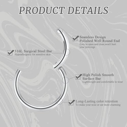 GAGABODY 2 Pcs Nose Rings 22G 20G 18G 16G 14G 12G 10G 8G Surgical Steel Piercing Rings for Nose Septum Cartilage Helix Tragus Conch Rook Daith Lobe from 5mm to 16mm Seamless Hoop Unisex Hinged Earrings - color: Silver