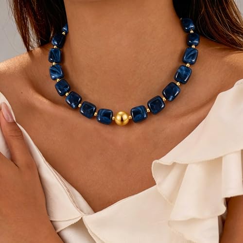 VIBILIA Boho Beaded Chunky Statement Necklace for Women Y2K Summer Jewelry | Boho Handmade Large Resin Bead Strand, Trendy Statement Summer Vacation Holiday Jewelry - color: Square-Navy blue