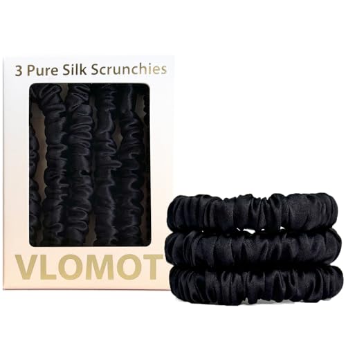 VLOMOT 3 Pcs Set 100% Pure Mulberry Silk Hair Scrunchies Hair Ties with 3 Chic Colors Everyday Skinny Scrunchies Silk Ponytail Holders Hair Care No Damage (Black) | Silk Hair Ties for Thin Hair with 3 Chic Colors Everyday Skinny Scrunchies Silk Ponytail H