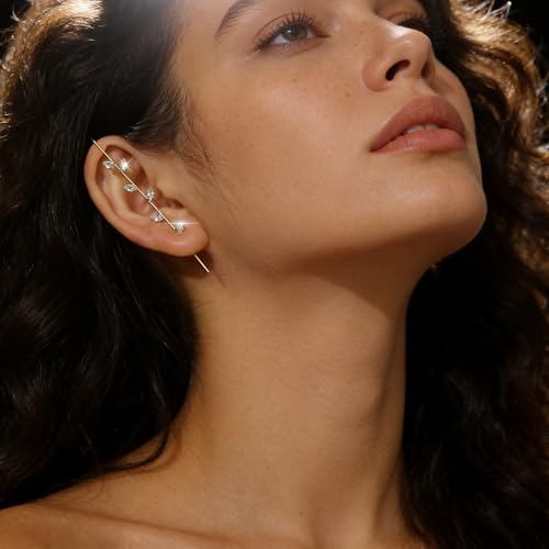 Gold Hook Earring for Women Rhinestone Ear Wrap Crawler Hook Earring Helix Hook Earrings Crystal Oreylo Earrings Bridal Wedding Sparkling Jewelry for Women