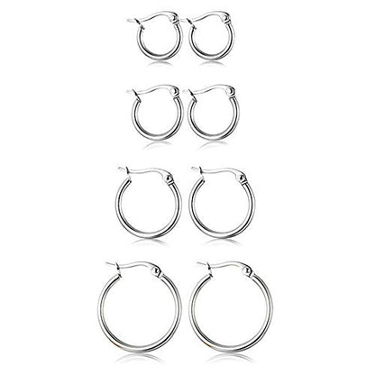 4 Pairs Stainless Steel Round Hoop Cute Huggie Earrings For Women Small Hoop Earring Set(10mm,15mm,20mm,25mm) - color: Silver Tone-4Pairs