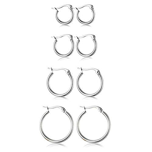 4 Pairs Stainless Steel Round Hoop Cute Huggie Earrings For Women Small Hoop Earring Set(10mm,15mm,20mm,25mm) - color: Silver Tone-4Pairs