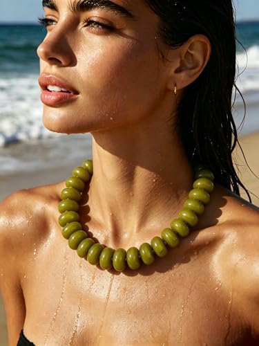 CSIYANJRY99 Chunky Beaded Necklace for Women, Large Colorful Resin Beads Statement Necklace, Boho Summer Beach Vacation Jewelry Gifts - color: Olive Green