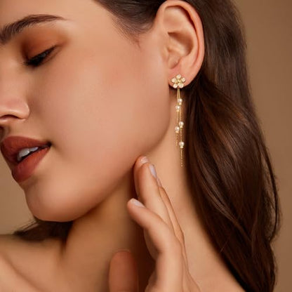 Pearl Earrings for Women 14k Gold/Silver Pearl Drop Earrings Long White Pearl Tassel Dangle Statement Earrings Bridal Wedding Dainty Prom Earrings Birthday Gifts Jewelry - color: Gold Flower Pearl Drop Earrings