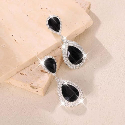 Unicra Silver Rhinestone Teardrop Earrings Crystal Wedding Bridal Dangle Earrings Prom Drop Earrings for Women and Brides - color: Black